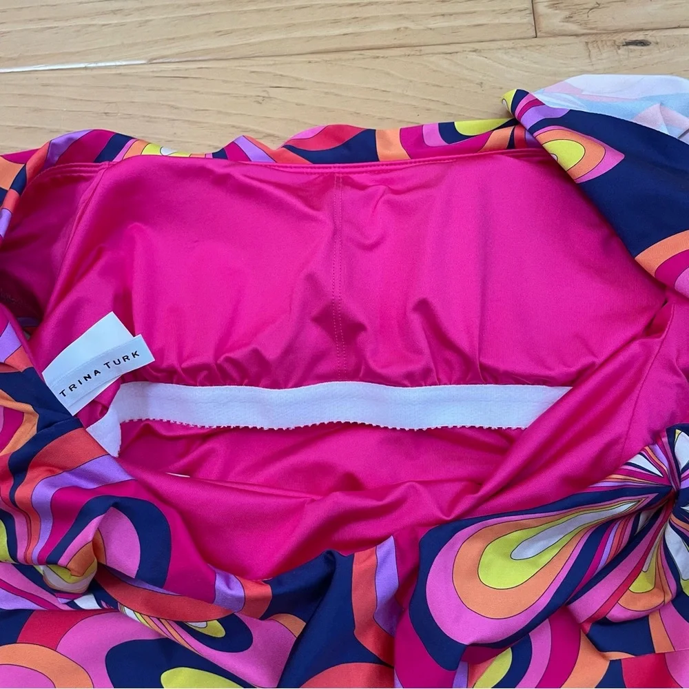 Trina Turk Off the Shoulder Ruffle One Piece Swimsuit Pink Purple Swirl Small